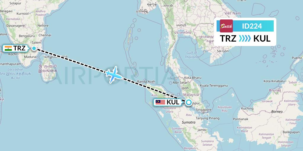 ID224 Batik Air Flight Map: Tiruchirapalli to Kuala Lumpur