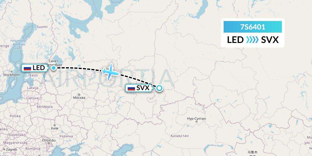 7S6401 Ryan Air (USA) Flight Map: St. Petersburg to Yekaterinburg