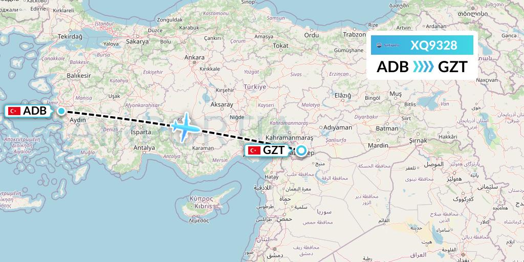 XQ9328 SunExpress Flight Map: Izmir to Gaziantep