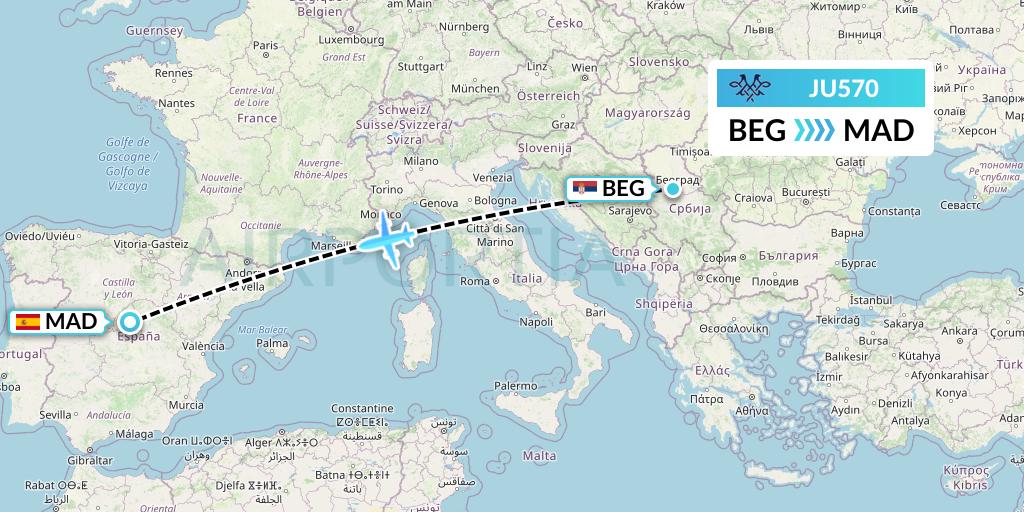 JU570 AirSERBIA Flight Map: Belgrade to Madrid