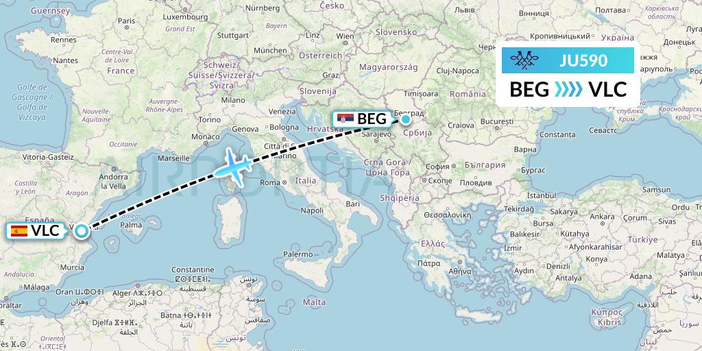 JU590 AirSERBIA Flight Map: Belgrade to Valencia
