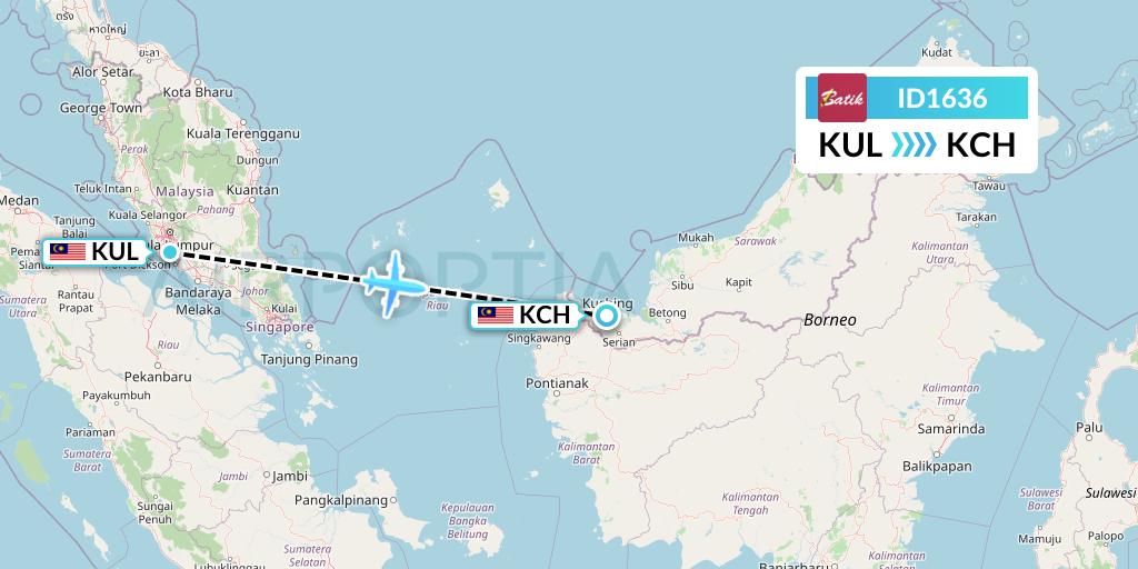 ID1636 Batik Air Flight Map: Kuala Lumpur to Kuching