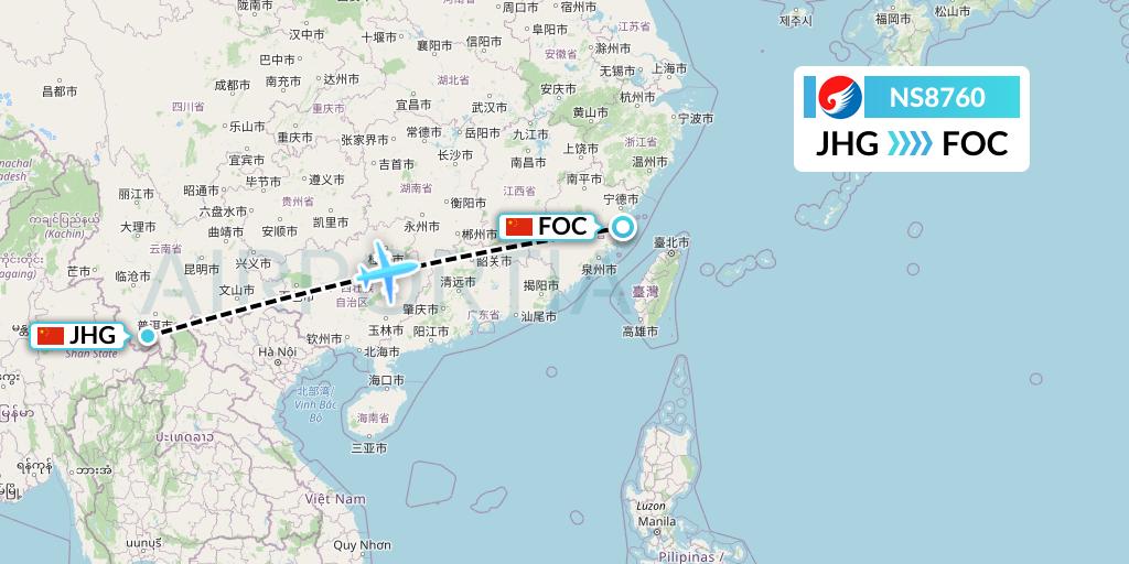 NS8760 Hebei Airlines Flight Map: Jinghong to Fuzhou