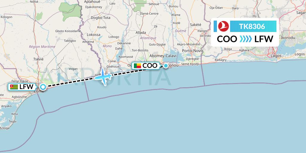 TK8306 Turkish Airlines Flight Map: Cotonou to Lome