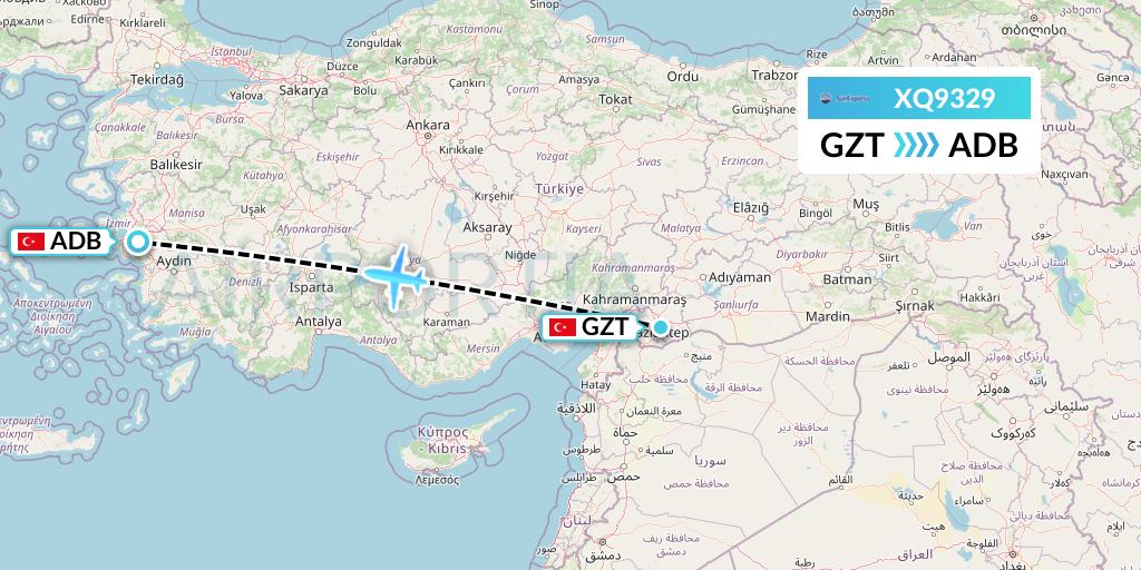 XQ9329 SunExpress Flight Map: Gaziantep to Izmir