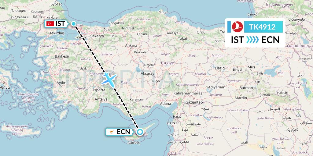TK4912 Turkish Airlines Flight Map: Istanbul to Tymvou