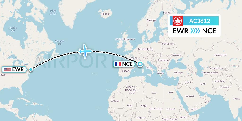 AC3612 Air Canada Flight Map: New York to Nice