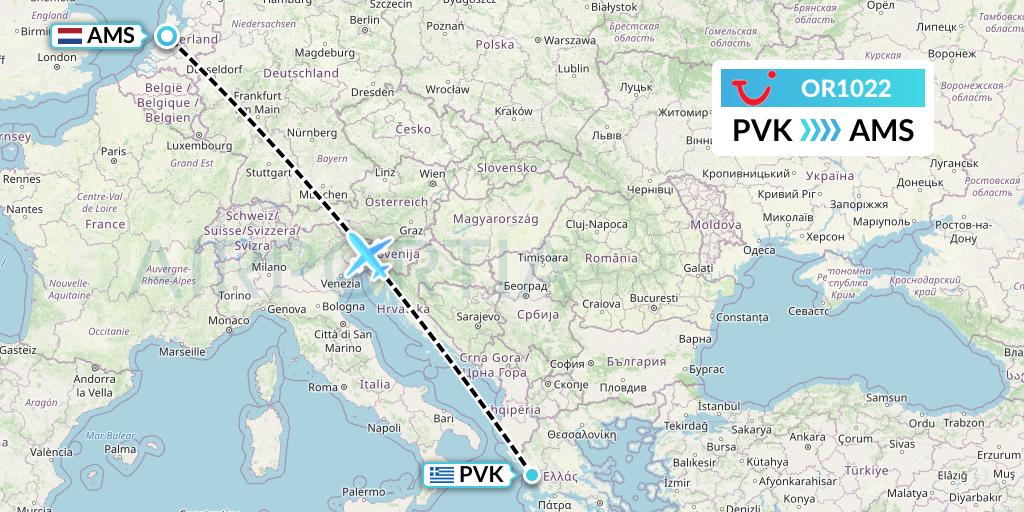 OR1022 TUI fly Netherlands Flight Map: Preveza to Amsterdam