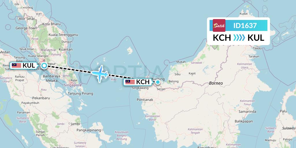 ID1637 Batik Air Flight Map: Kuching to Kuala Lumpur