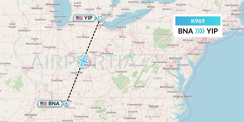 K969 Kalitta Charters Flight Map: Nashville to Detroit