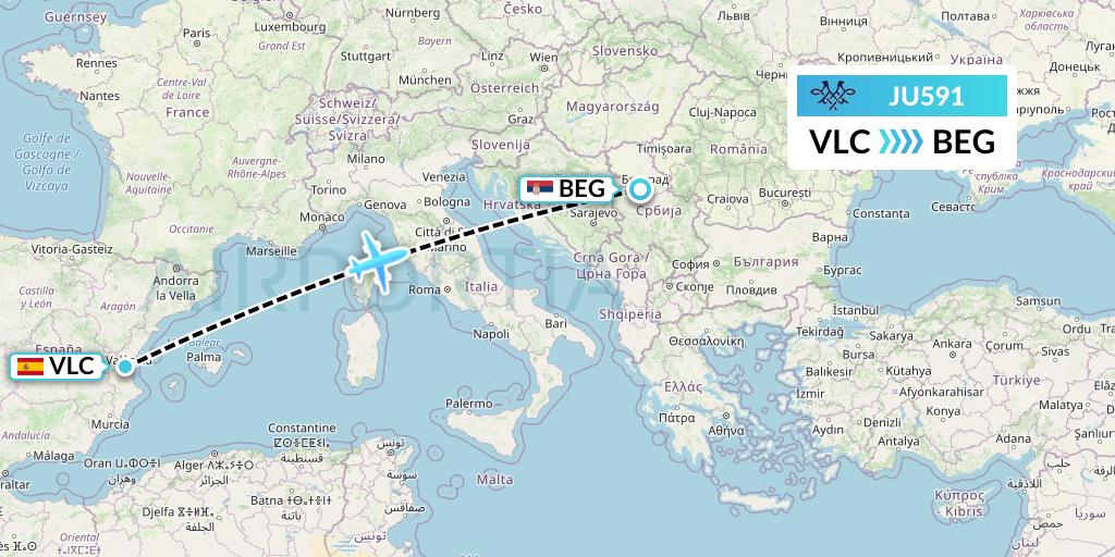 JU591 AirSERBIA Flight Map: Valencia to Belgrade