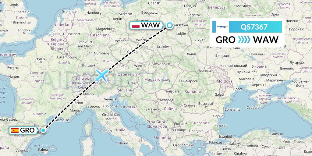QS7367 Smartwings Flight Map: Girona to Warsaw