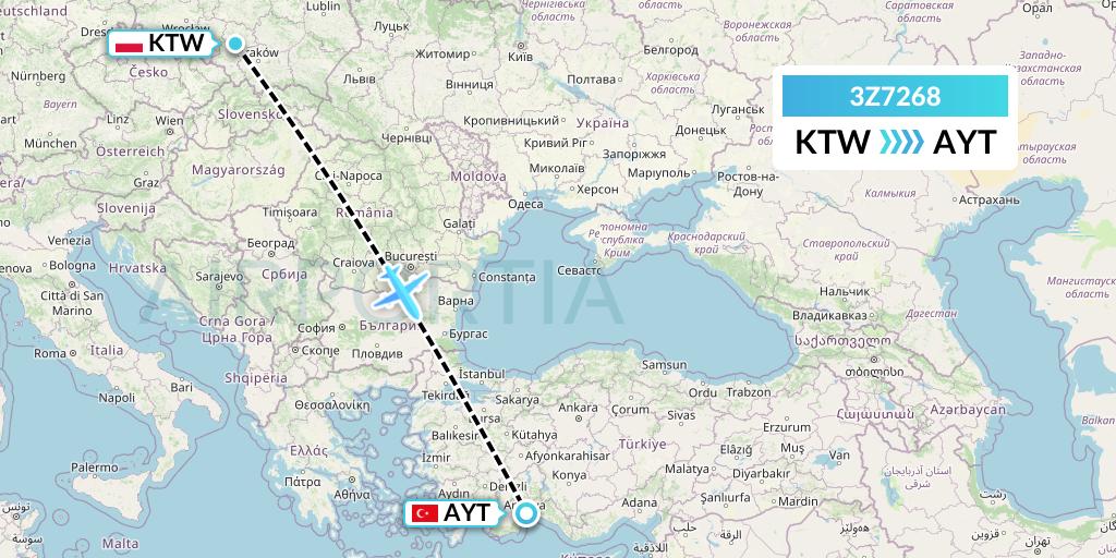 3Z7268 Travel Service Polska Flight Map: Katowice to Antalya