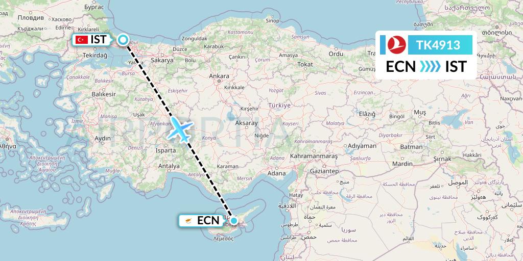 TK4913 Turkish Airlines Flight Map: Tymvou to Istanbul