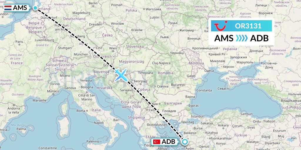 OR3131 TUI fly Netherlands Flight Map: Amsterdam to Izmir