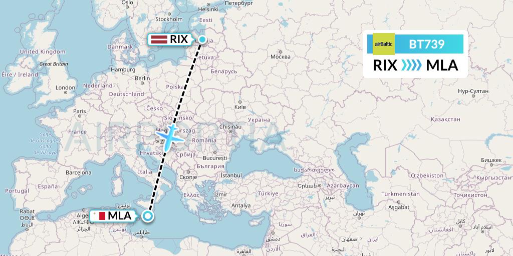 BT739 Air Baltic Flight Map: Riga to Malta