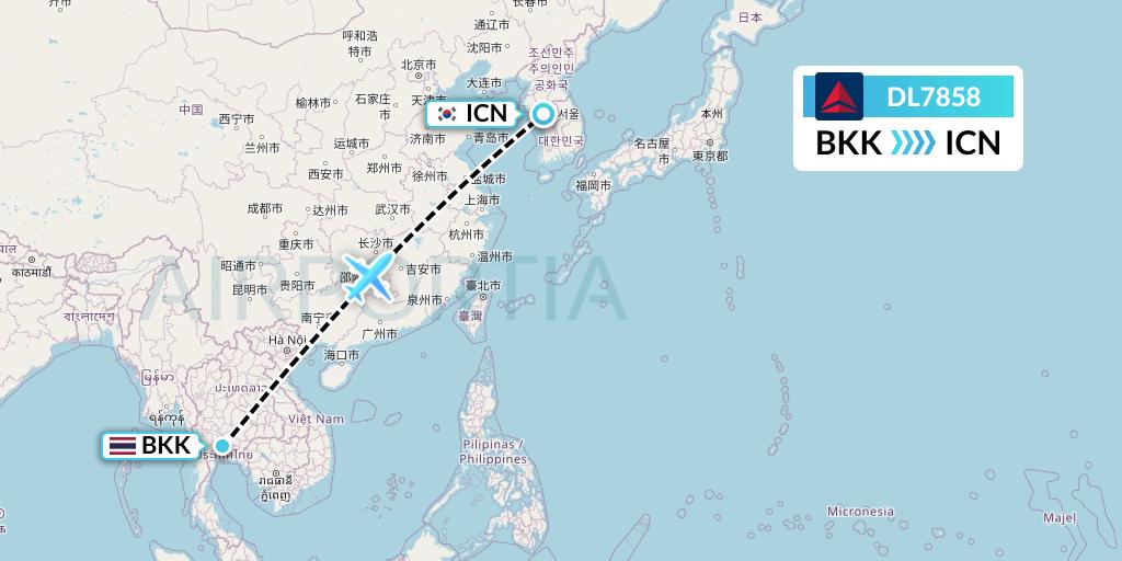 DL7858 Delta Air Lines Flight Map: Bangkok to Seoul