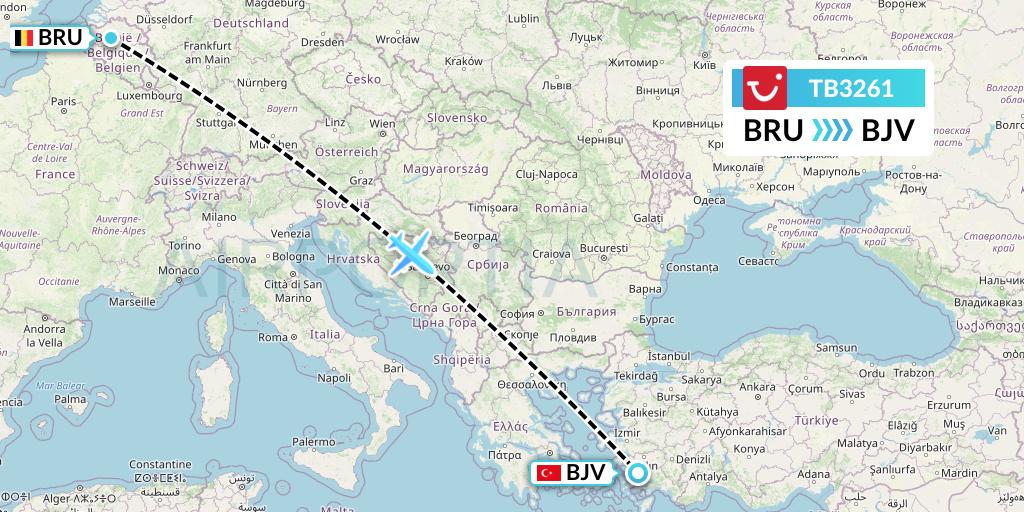 TB3261 TUI fly Belgium Flight Map: Brussels to Bodrum