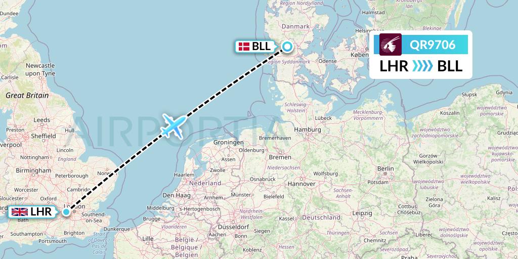 QR9706 Qatar Airways Flight Map: London to Billund