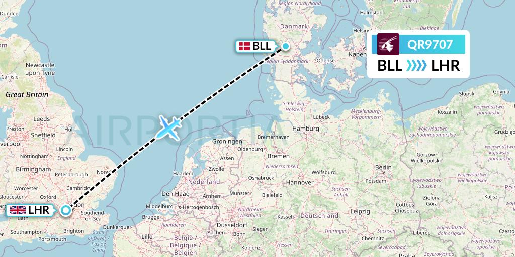 QR9707 Qatar Airways Flight Map: Billund to London