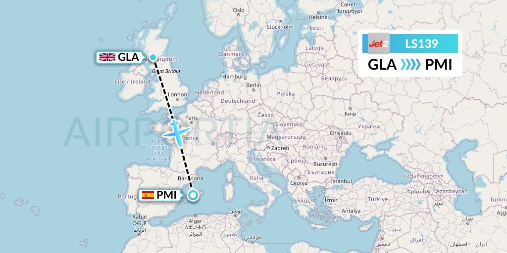 LS139 Jet2 Flight Map: Glasgow to Palma de Mallorca