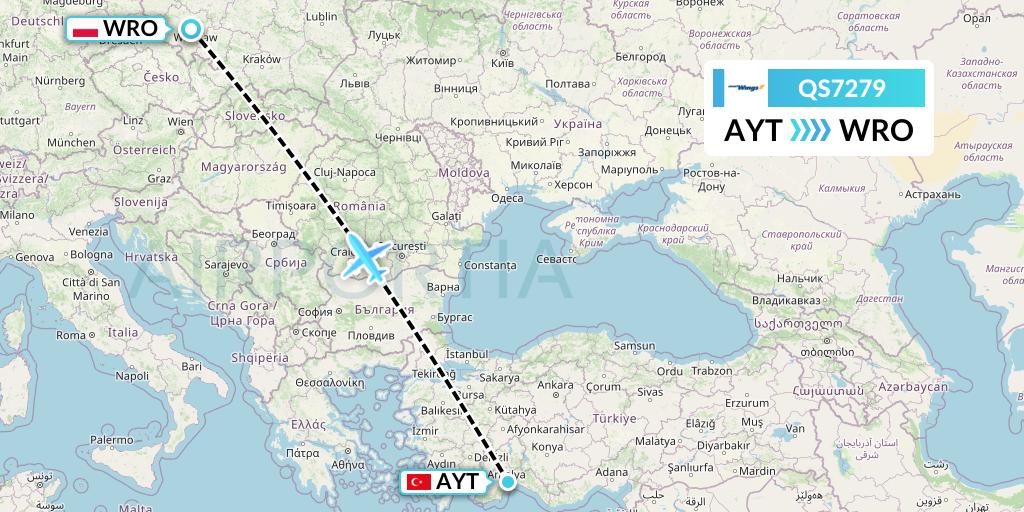 QS7279 Smartwings Flight Map: Antalya to Wroclaw