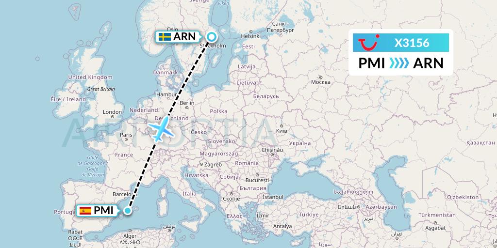 X3156 TUI fly Germany Flight Map: Palma de Mallorca to Stockholm