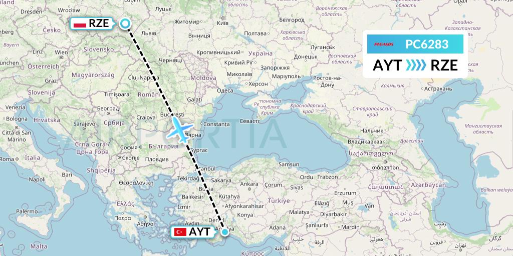 PC6283 Pegasus Airlines Flight Map: Antalya to Rzeszow