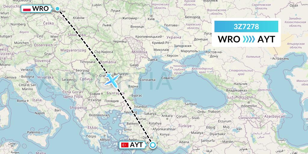 3Z7278 Travel Service Polska Flight Map: Wroclaw to Antalya