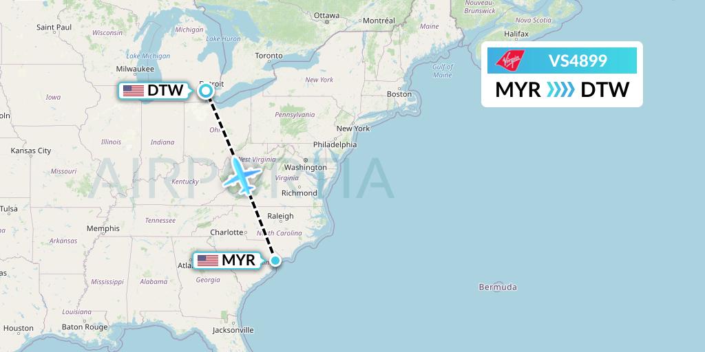 VS4899 Virgin Atlantic Airways Flight Map: Myrtle Beach to Detroit