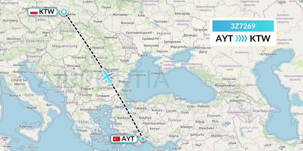 3Z7269 Travel Service Polska Flight Map: Antalya to Katowice