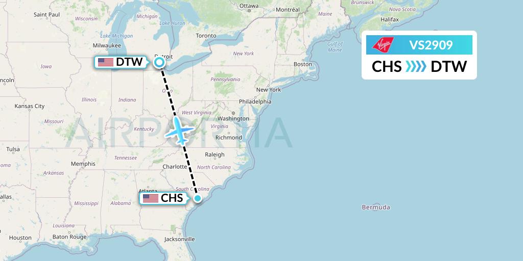 VS2909 Virgin Atlantic Airways Flight Map: Charleston to Detroit