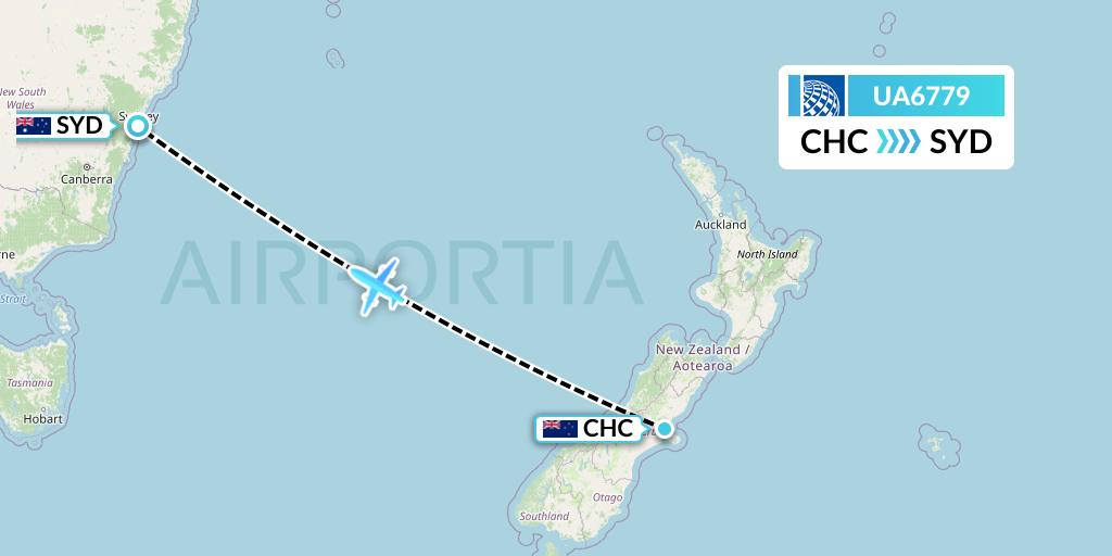 UA6779 United Airlines Flight Map: Christchurch to Sydney