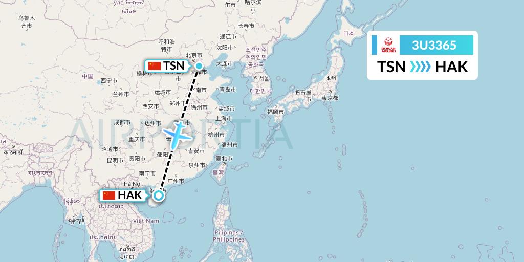 3U3365 Sichuan Airlines Flight Map: Tianjin to Haikou