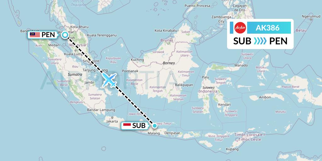 AK386 AirAsia Flight Map: Surabaya to Penang