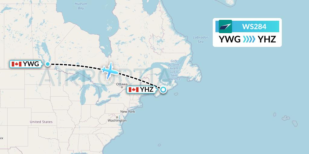 WS284 WestJet Flight Map: Winnipeg to Halifax