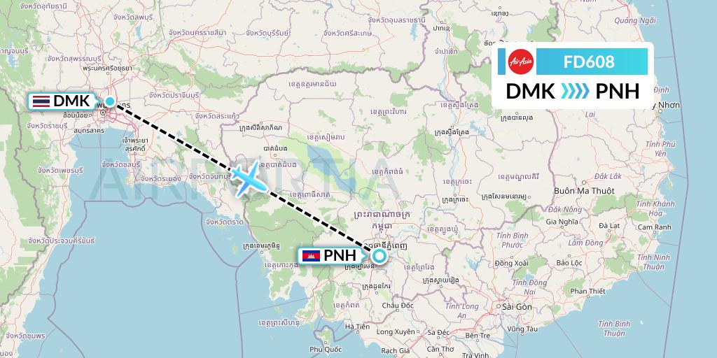 FD608 Thai AirAsia Flight Map: Bangkok to Phnom Penh