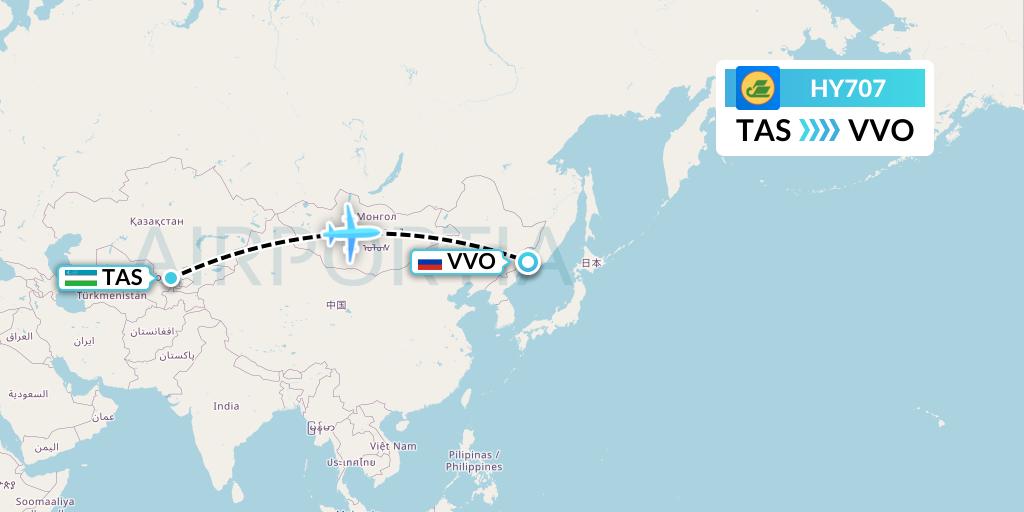 HY707 Uzbekistan Airways Flight Map: Tashkent to Vladivostok