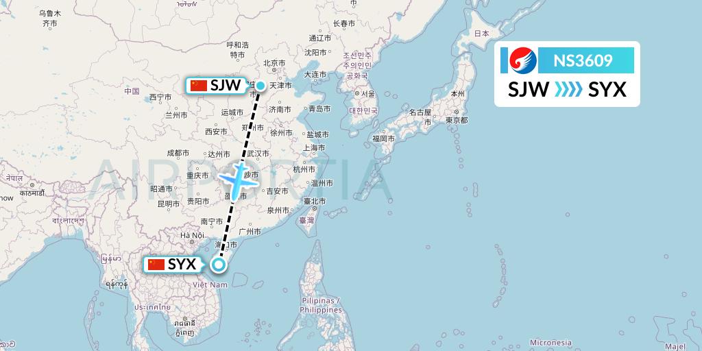 NS3609 Hebei Airlines Flight Map: Shijiazhuang to Sanya