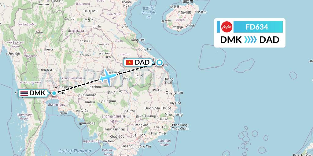 FD634 Thai AirAsia Flight Map: Bangkok to Da Nang
