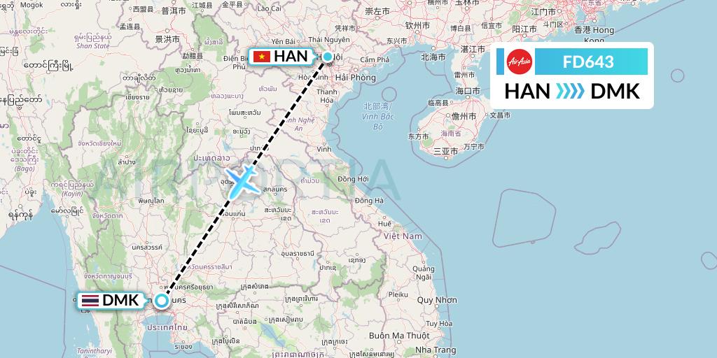 FD643 Thai AirAsia Flight Map: Hanoi to Bangkok