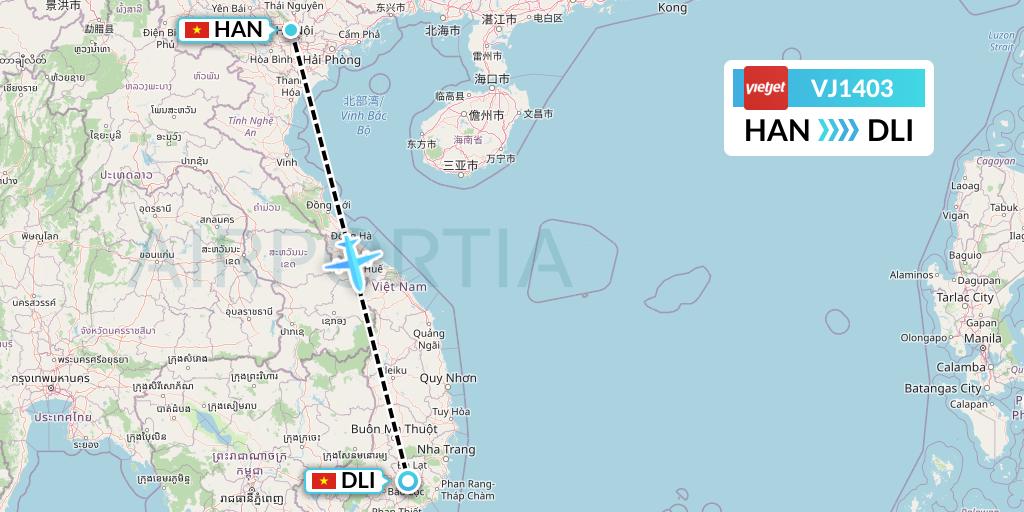 VJ1403 VietJet Air Flight Map: Hanoi to Da Lat