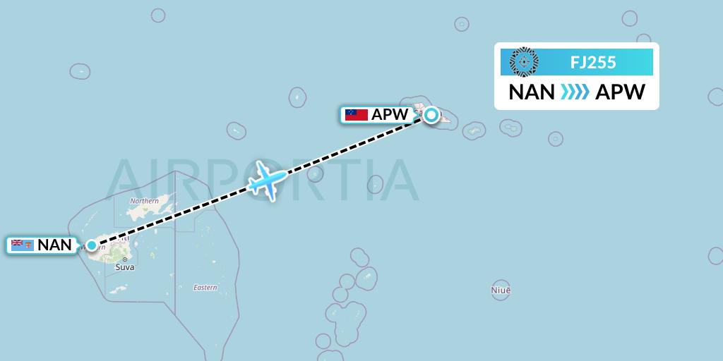FJ255 Fiji Airways Flight Map: Nadi to Apia