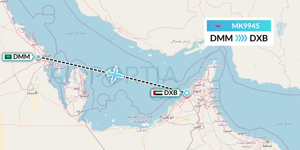 MK9945 Air Mauritius Flight Map: Dammam to Dubai