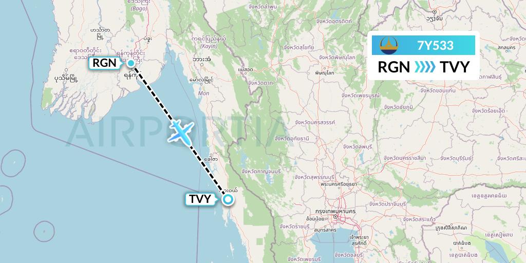 7Y533 Mann Yadanarpon Airlines Flight Map: Yangon to Dawei