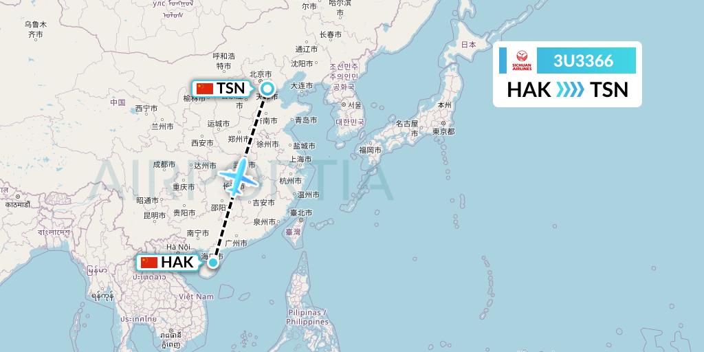 3U3366 Sichuan Airlines Flight Map: Haikou to Tianjin