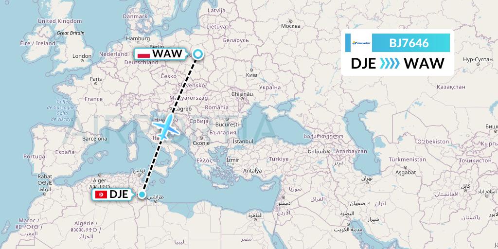BJ7646 Nouvelair Tunisie Flight Map: Djerba to Warsaw
