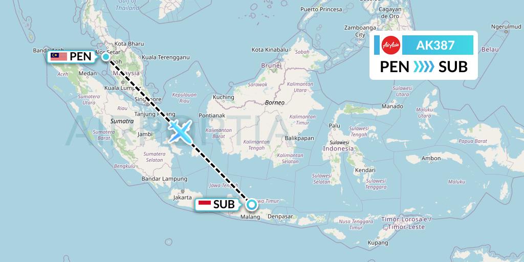 AK387 AirAsia Flight Map: Penang to Surabaya