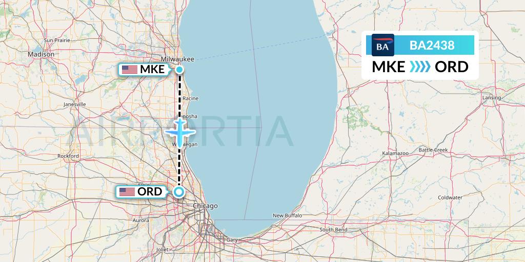 BA2438 British Airways Flight Map: Milwaukee to Chicago