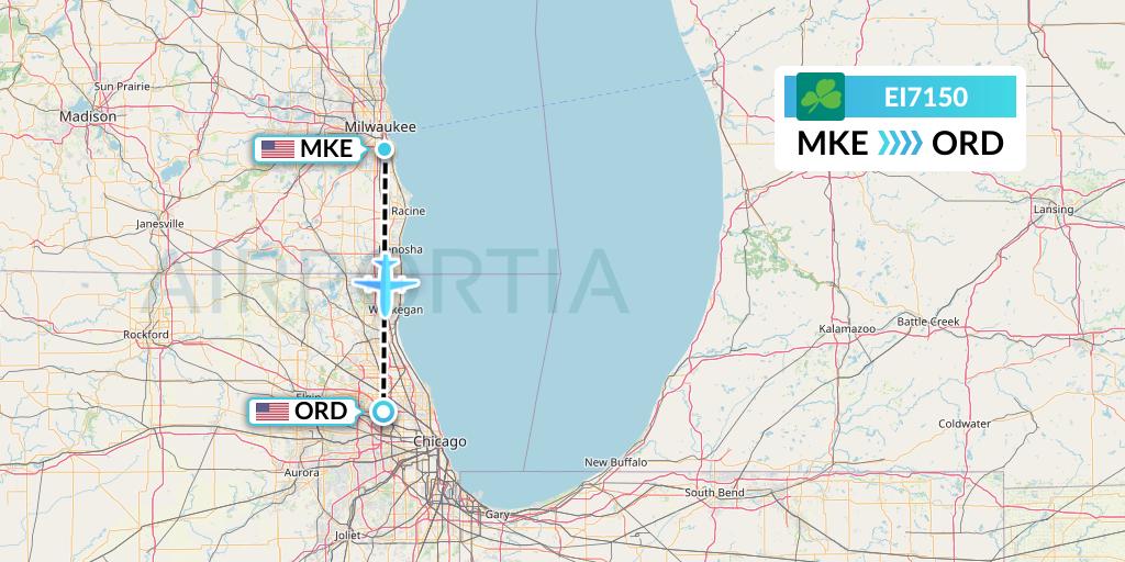 EI7150 Aer Lingus Flight Map: Milwaukee to Chicago